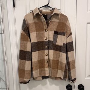 Tan and Chocolate Plaid Button-Up Jacket